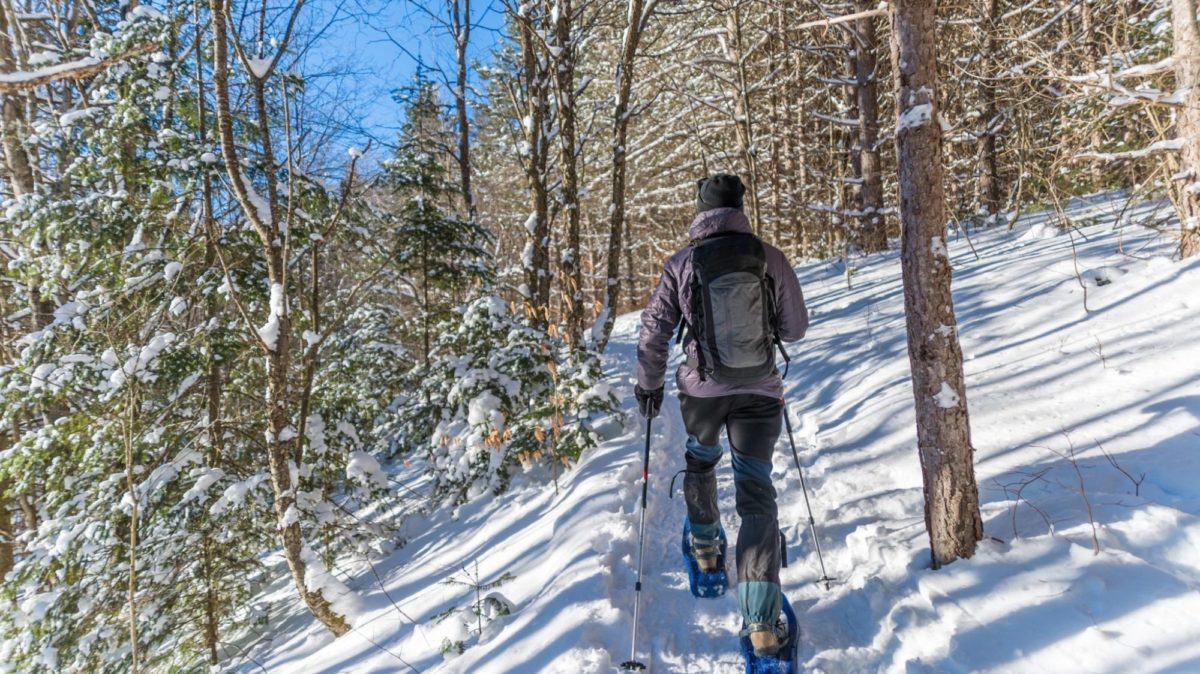Raquetteur sur un sentier étroit et abrupt du parc.